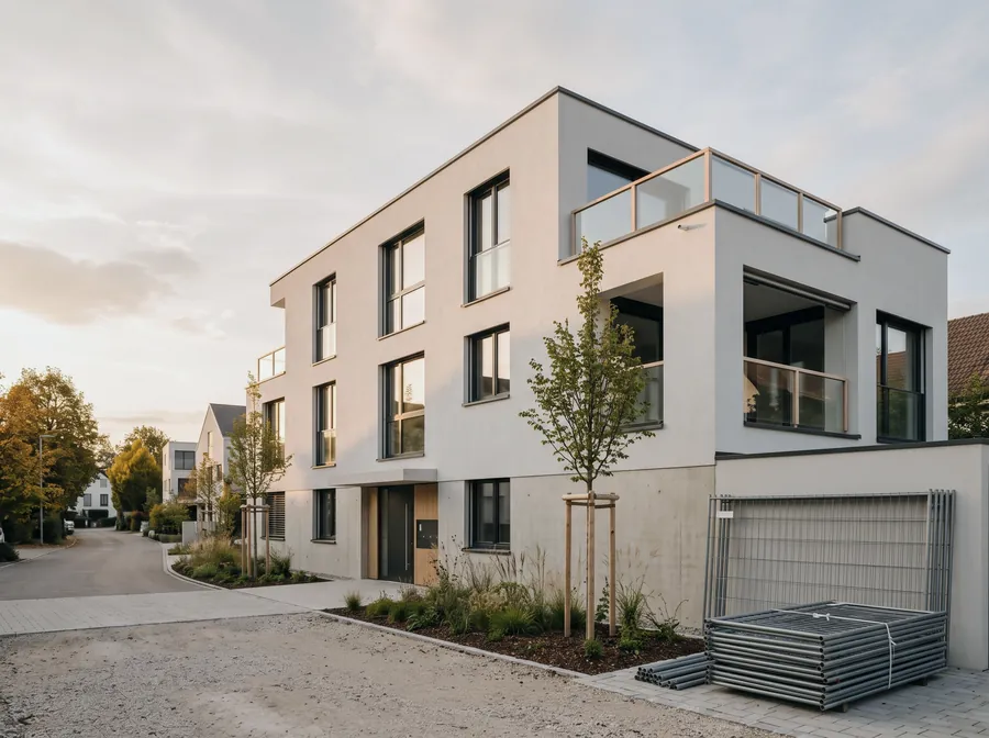 Façade d'un immeuble neuf le jour de la réception