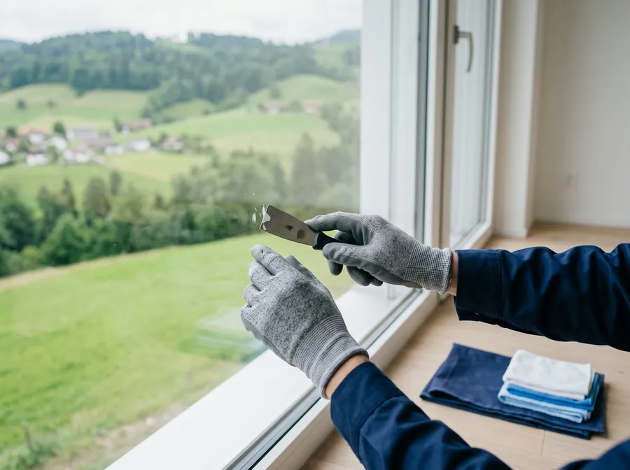 Main gantée retirant une trace de peinture sur une vitre
