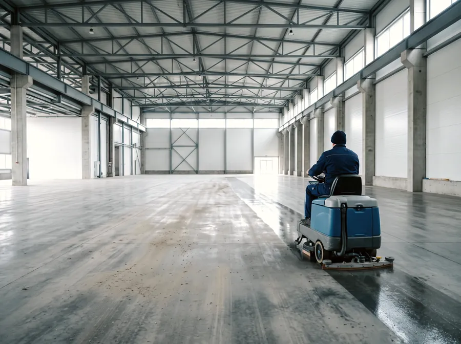 Autolaveuse autoportée sur le sol béton d'une halle