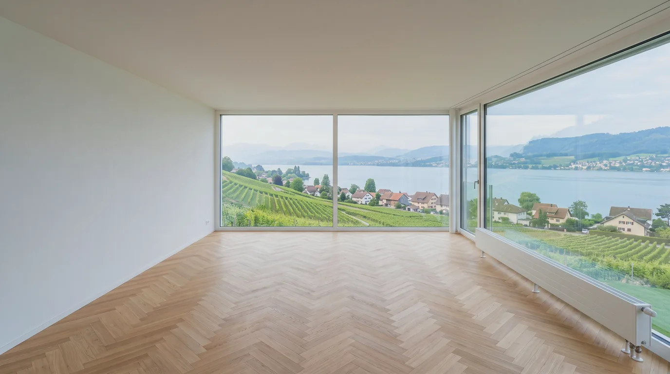 Le même séjour nettoyé : parquet net, vitres transparentes sur le lac et les vignes, aucun résidu de chantier.