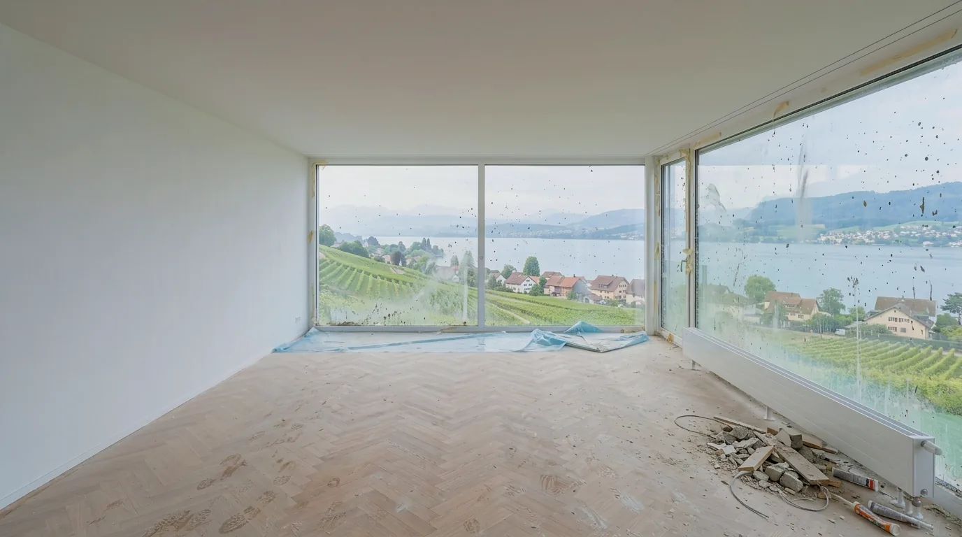 Séjour neuf en fin de chantier : poussière de plâtre sur le parquet, éclaboussures sur les vitres, film de protection et gravats dans un angle.